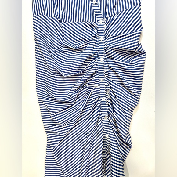 Veronica Beard Striped Asymmetrical Ruched Cotton Shirt Dress - Picture 7 of 16